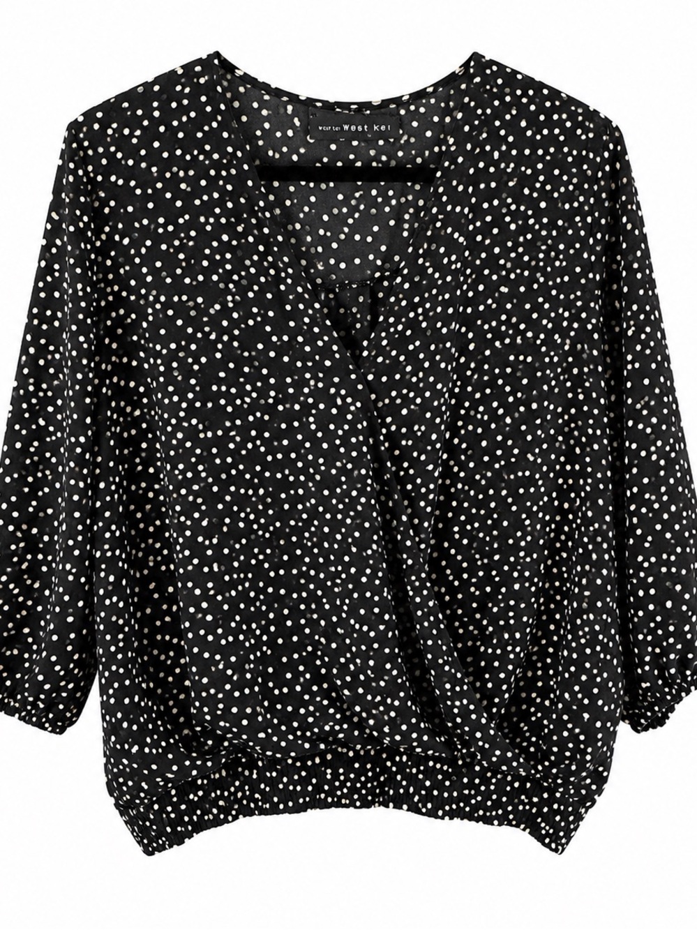 Black White Polka Dot Blouse XL Surplice Neck 3/4 Sleeve Blouson Top - Picture 3 of 4